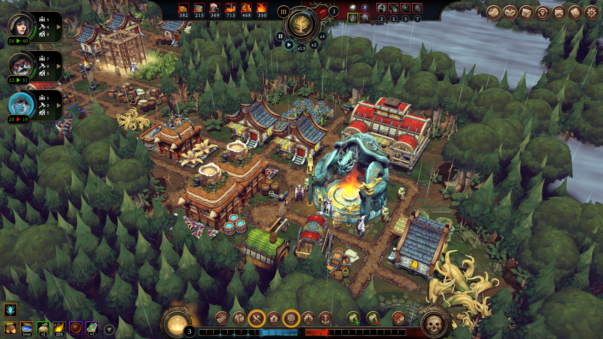 screenshot from the game Against the Storm, showing a settlement and status bars for different character species