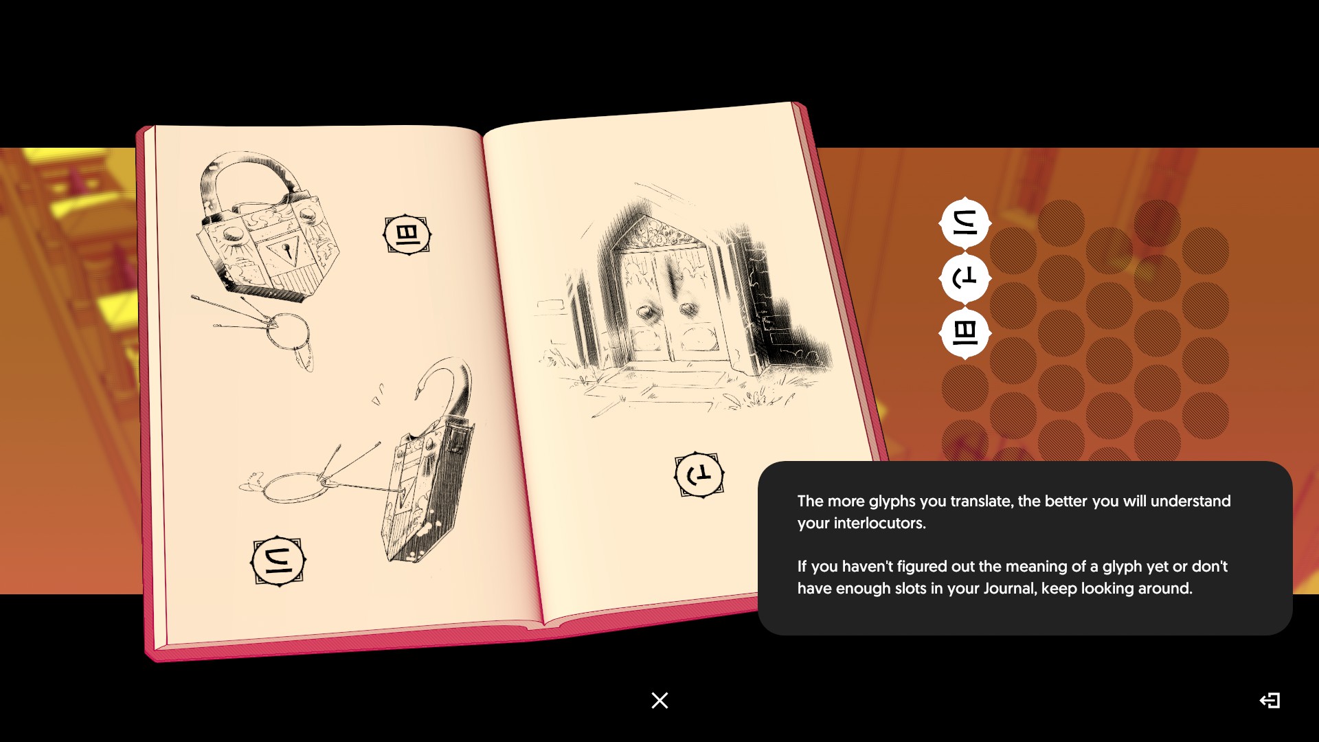 screenshot from the game Chants of Sennaar, showing the in game notebook and instructions for translating glyphs in the game