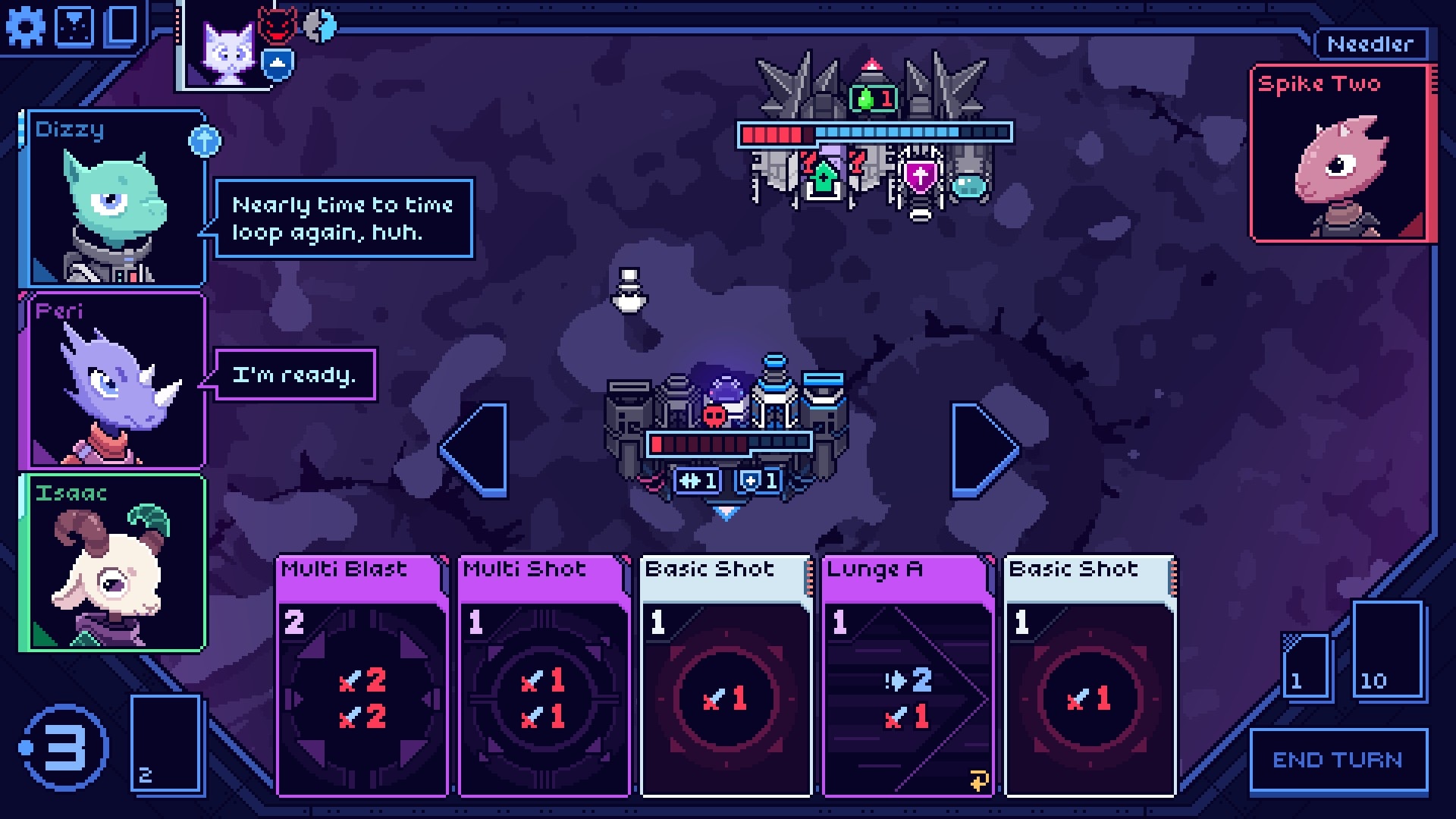 screenshot from the game Cobalt Core showing a hand of attack cards, the spaceship, and its crew.