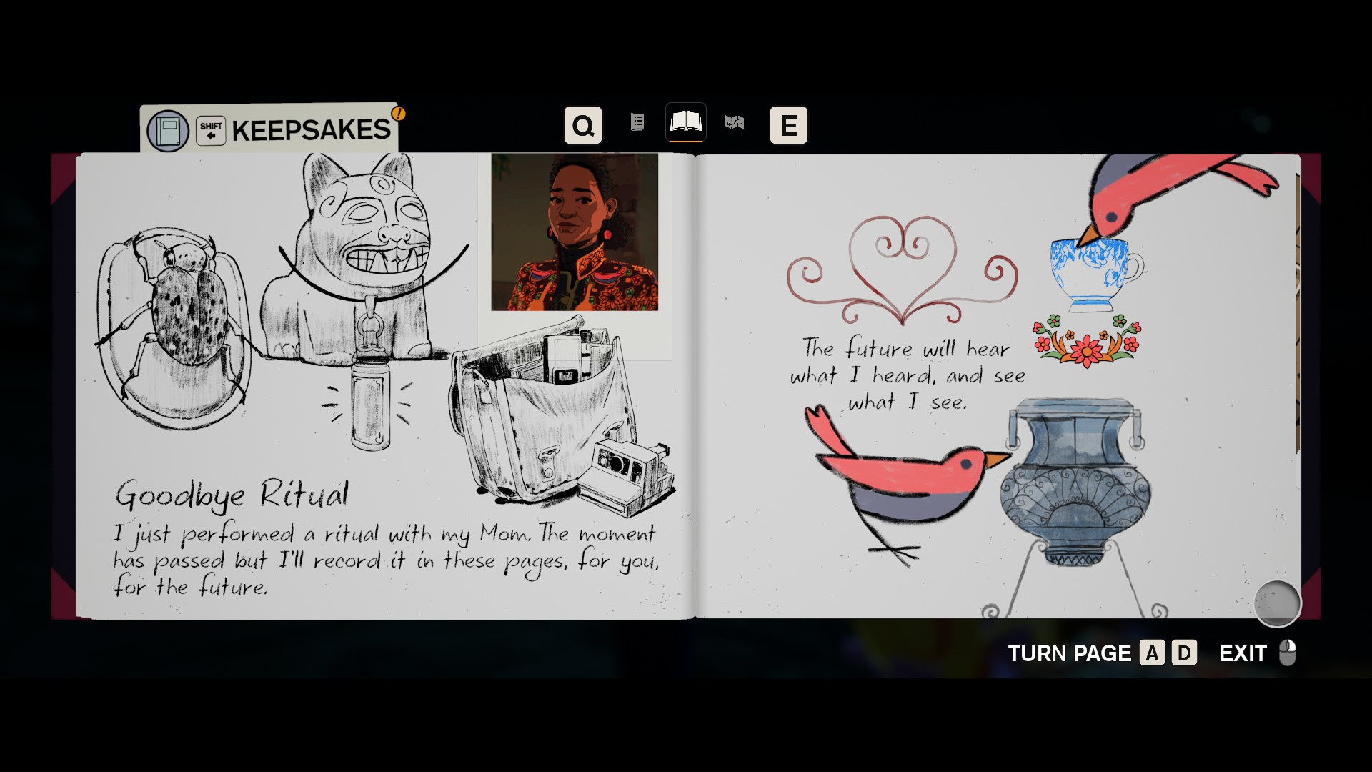 screenshot from the game Season, showing the in-game scrapbook pages
